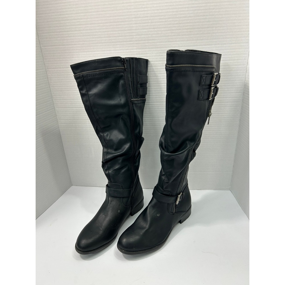White Mountain Ricki Slouchy Knee High Boots 7M Black Buckle Moto Goth Edgy